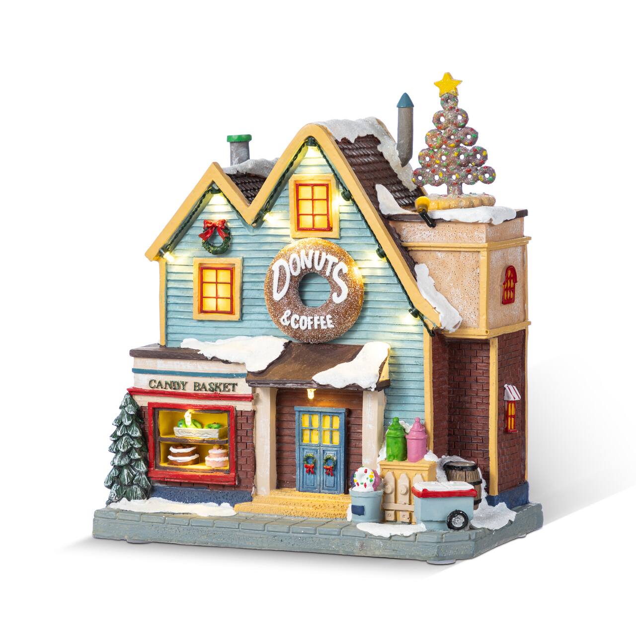 Glitzhome® 10.25" Lighted Christmas Donuts & Coffee Shop Resin Village with Movement and Music